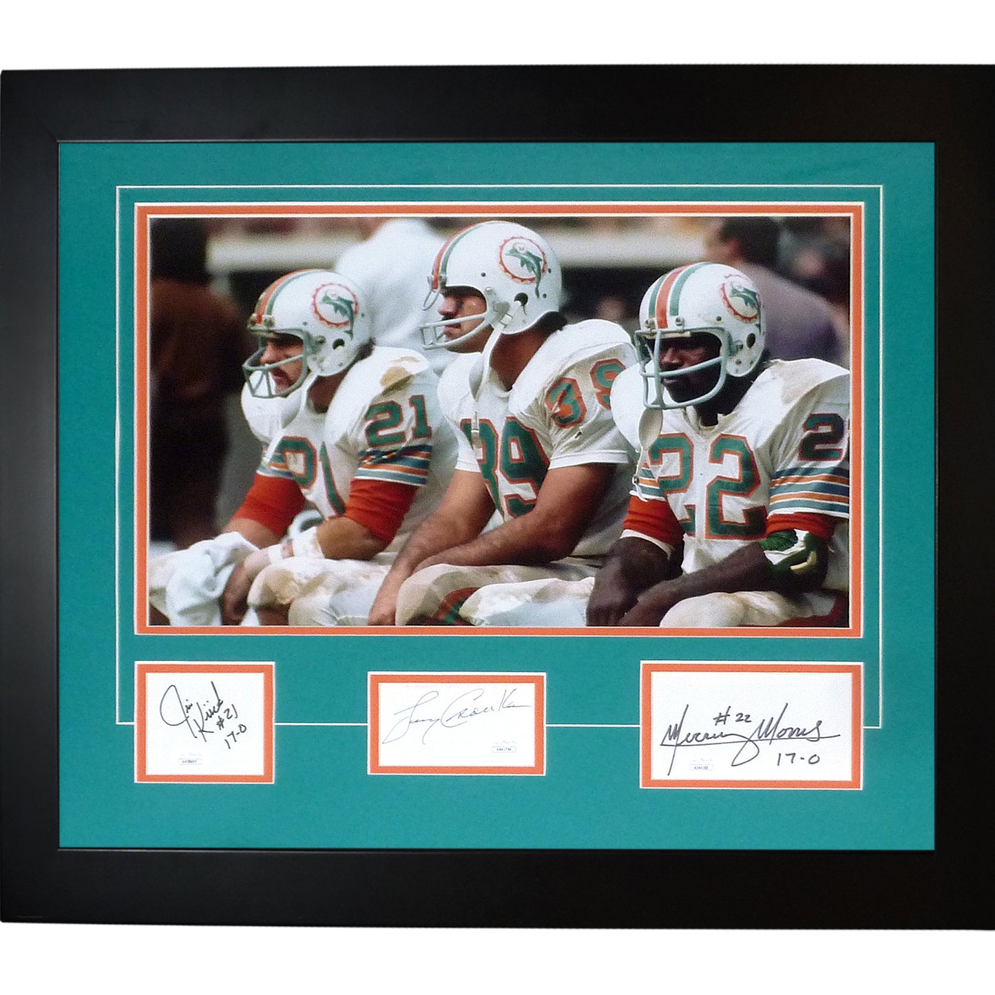 Jim Kiick , Larry Csonka And Mercury Morris Deluxe Framed Miami Dolphins 12x18 Photo with Autographs– JSA