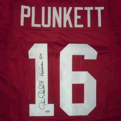 Jim Plunkett Autographed Stanford (Red #16) Custom Jersey w/ “Heisman 1970” – PSADNA