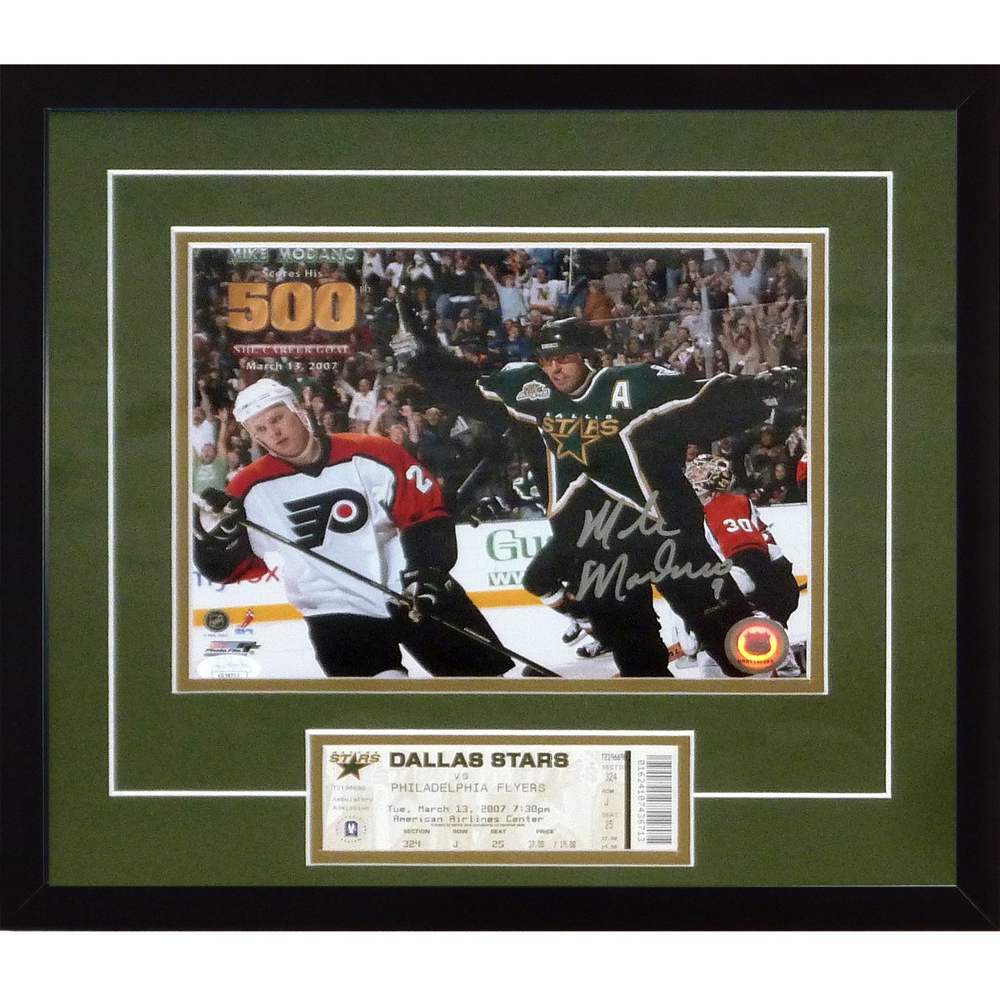 Mike Modano Autographed Dallas Stars (500th Goal) 8x10 Photo Deluxe Framed with Original Game Ticket – JSA
