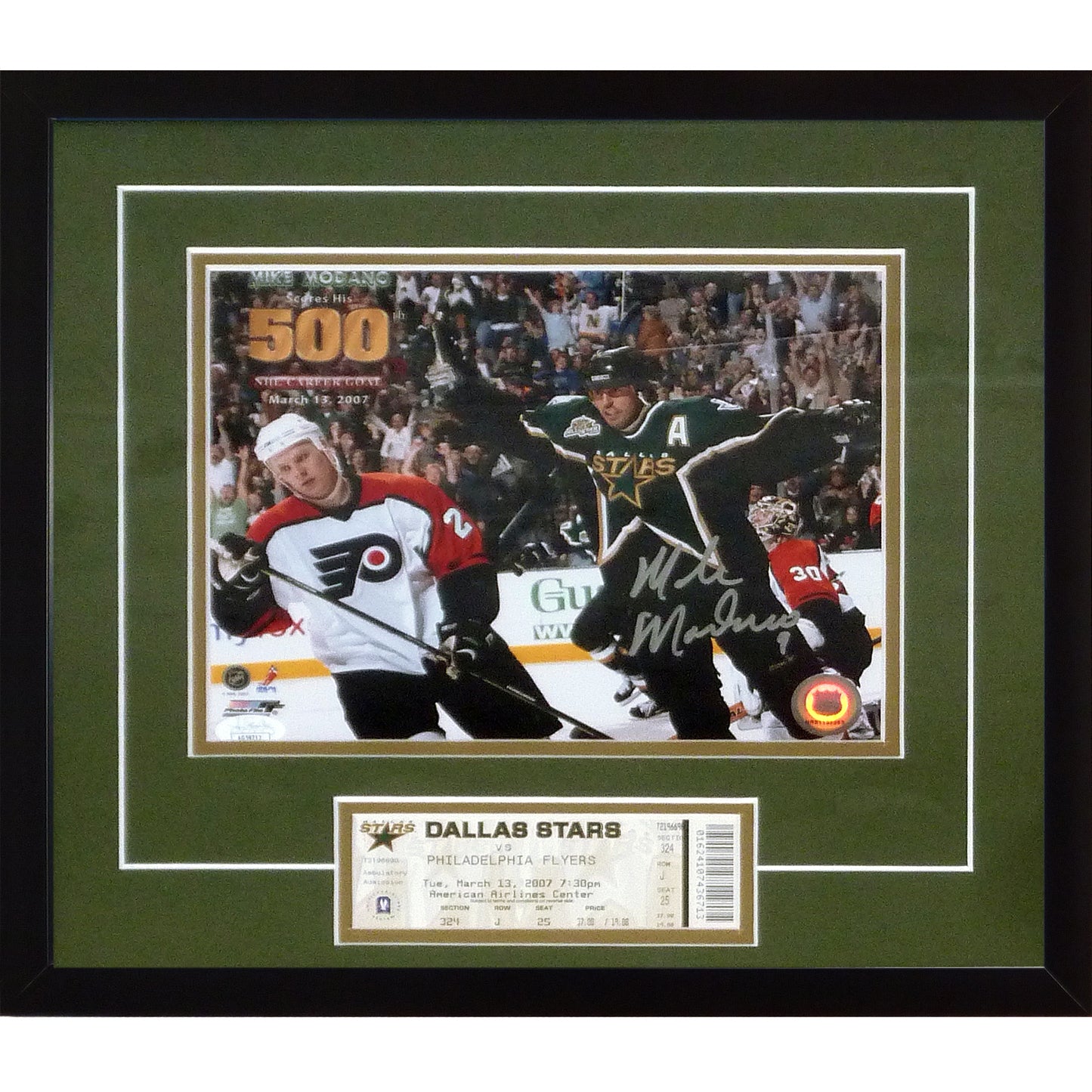 Mike Modano Autographed Dallas Stars (500th Goal) 8x10 Photo Deluxe Framed with Replica Game Ticket - JSA