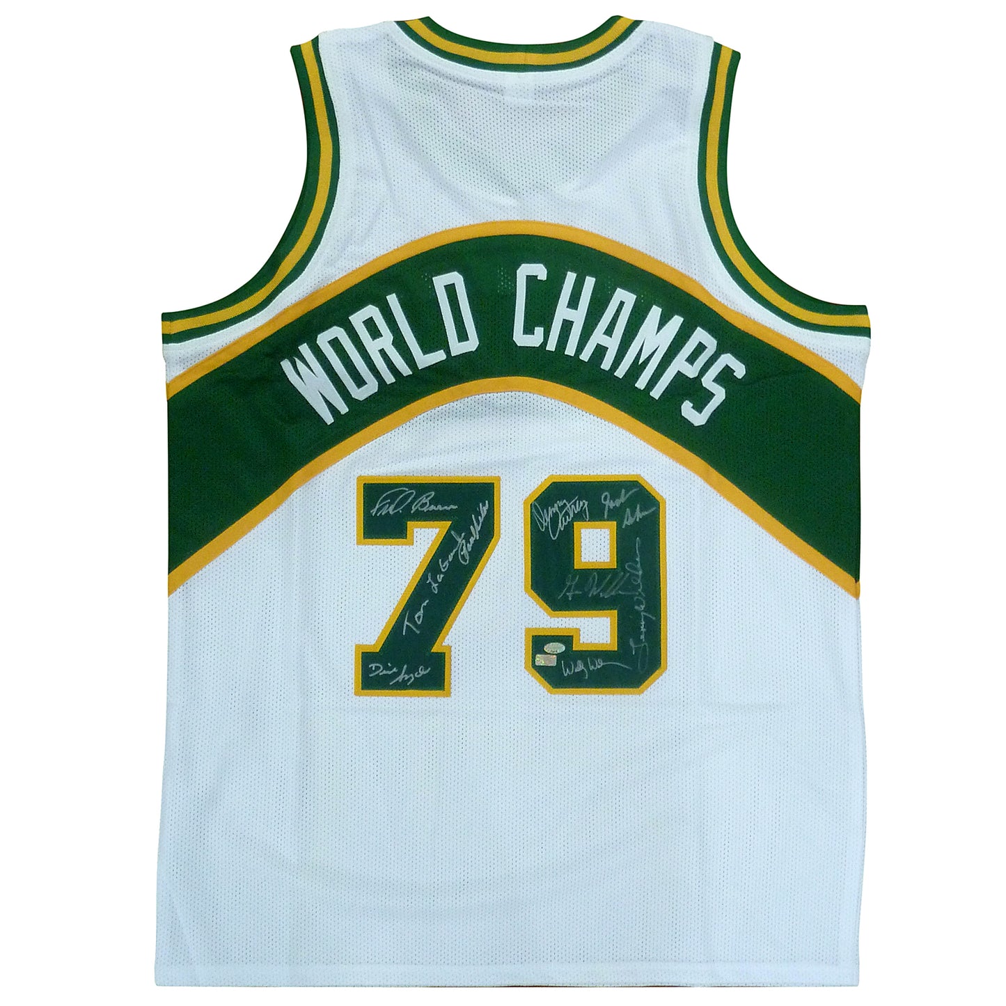 1978-79 NBA Champions Seattle Supersonics Multi Autographed Seattle (White #79) Jersey - 9 signatures - Beckett