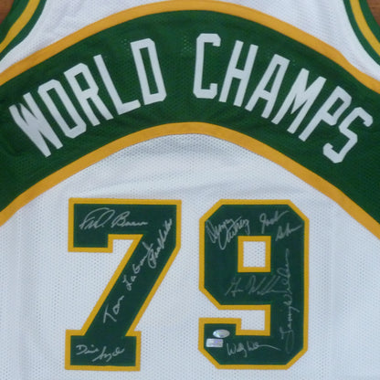 1978-79 NBA Champions Seattle Supersonics Multi Autographed Seattle (White #79) Jersey - 9 signatures - Beckett