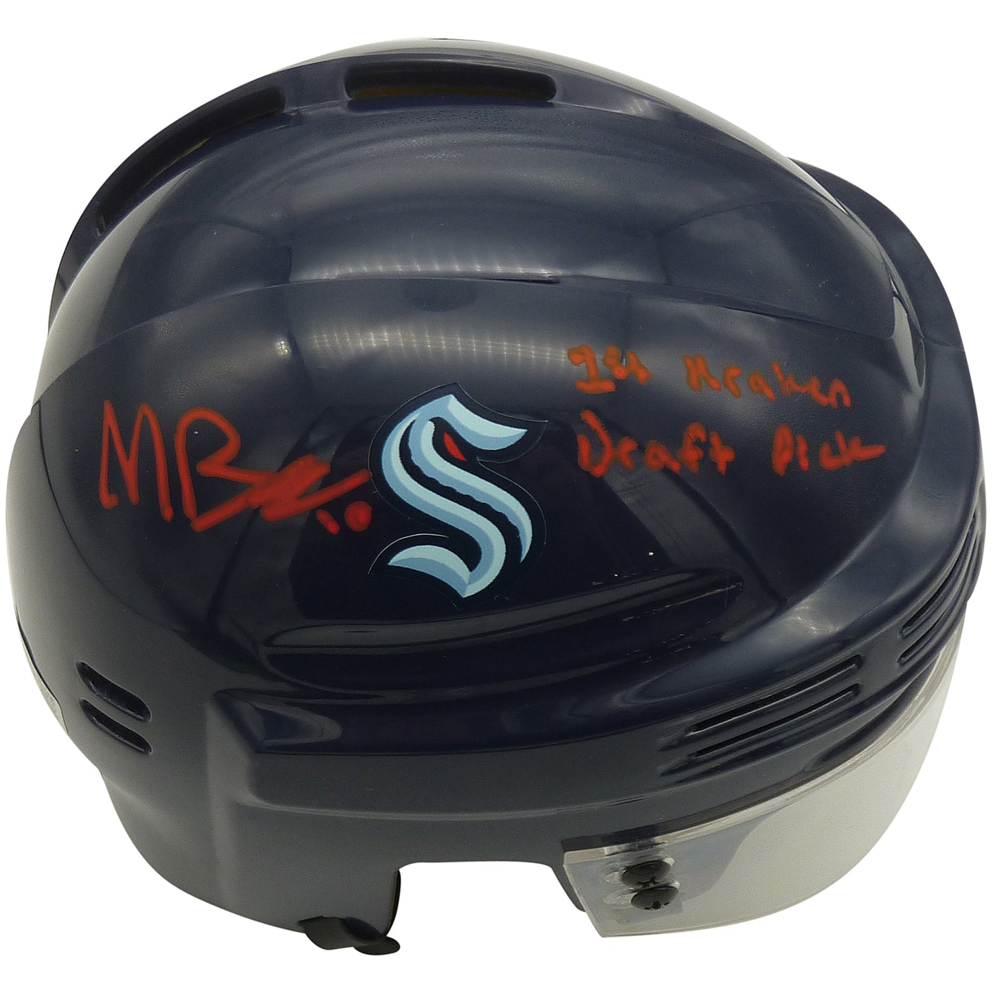 Matty Beniers Autographed Seattle Kraken Hockey Mini Helmet w/ "1st Kraken Draft Pick - Fanatics