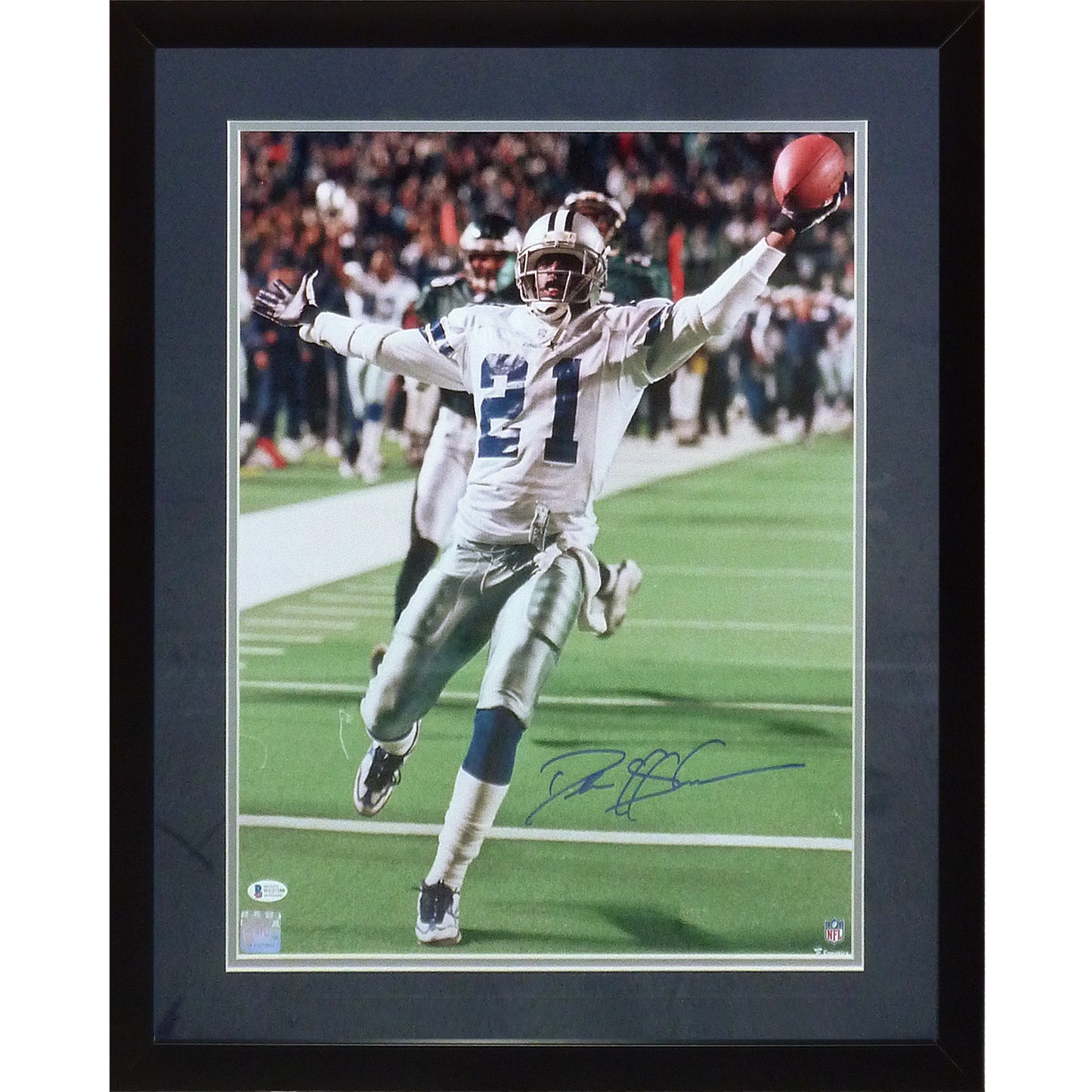 Deion Sanders Autographed Dallas Cowboys (Vertical TD Celebration) Deluxe Framed 16x20 Photo - Beckett