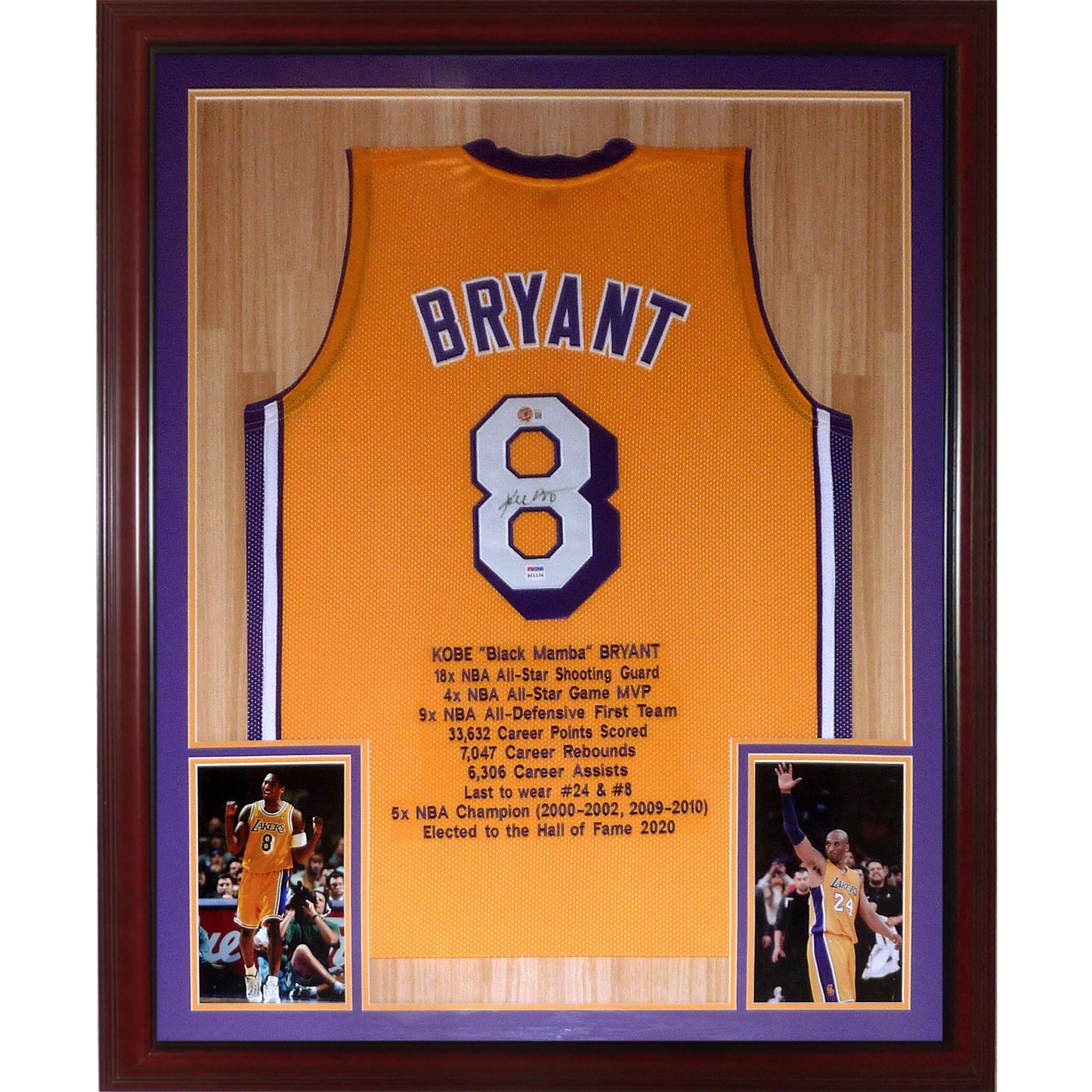 Kobe Bryant Autographed Los Angeles (Yellow #8 Embroidered STAT) Deluxe Framed Jersey - PSADNA, Beckett