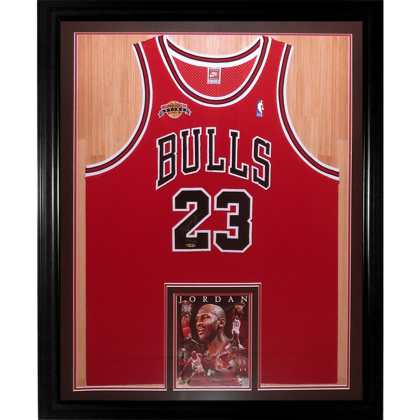 Michael Jordan Autographed Chicago Bulls (Red #23) Mitchell & Ness Retirement Patch Deluxe Framed Jersey Limited Edition #207 of 230 UDA Upper Deck