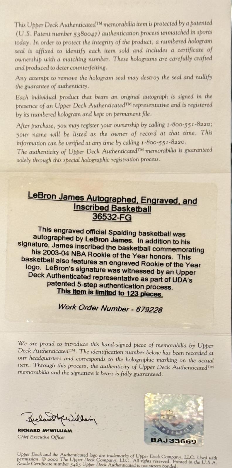 LeBron James Autographed NBA Rookie of the Year Embossed Spalding Basketball w/ ROY 04 Limited Edition #68 of 123 - UDA Upper Deck