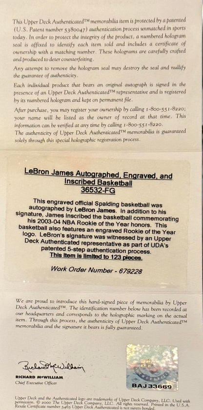 LeBron James Autographed NBA Rookie of the Year Embossed Spalding Basketball w/ ROY 04 Limited Edition #68 of 123 - UDA Upper Deck