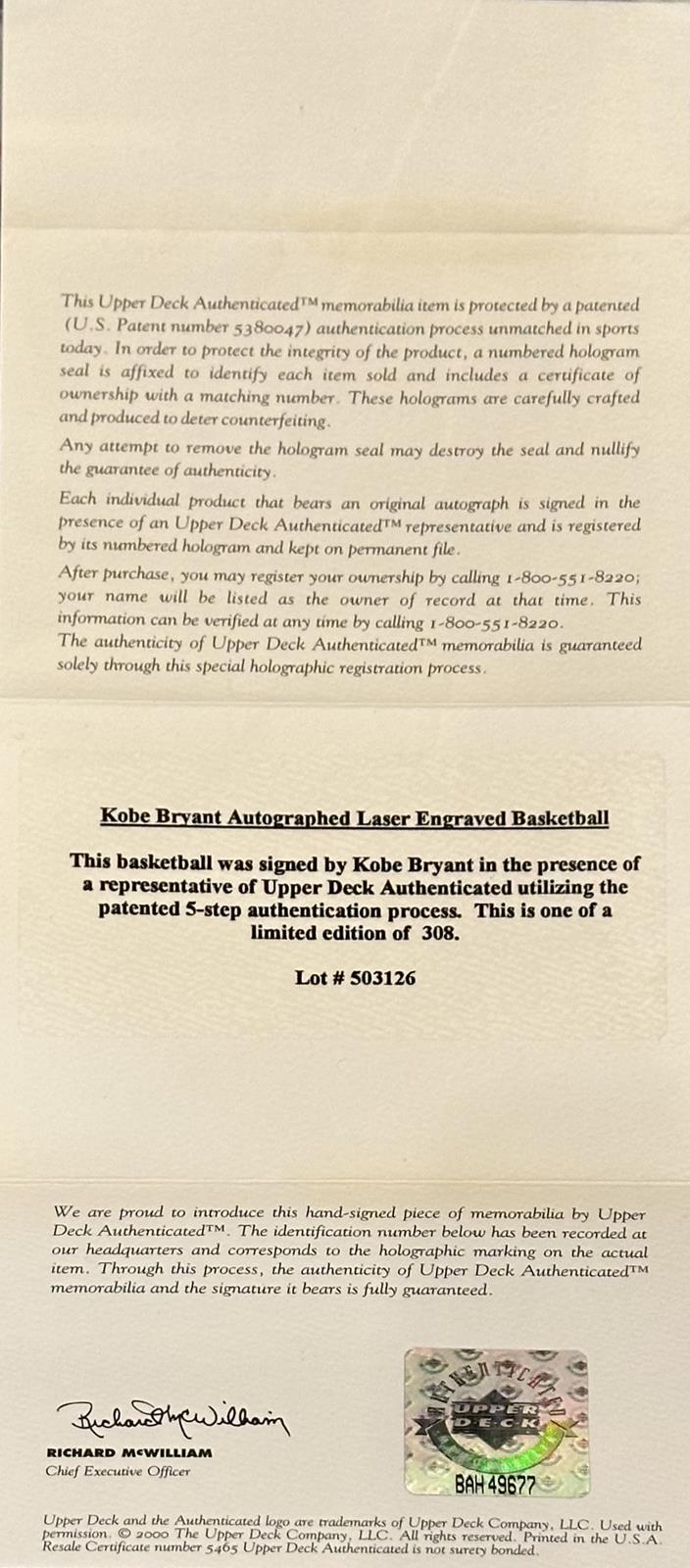 Kobe Bryant Autographed NBA Back-to-Back Champs Embossed Spalding Basketball Limited Edition #53 of 308 - UDA Upper Deck