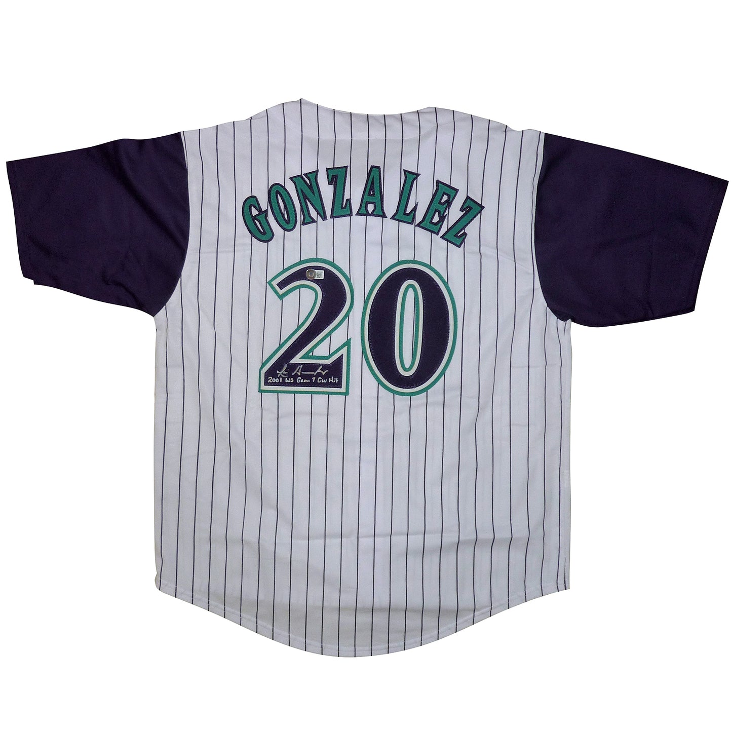 Luis Gonzalez Autographed Arizona (Pinstripe #20) Jersey with "2001 WS G7 GW Hit" -BAS Witnessed