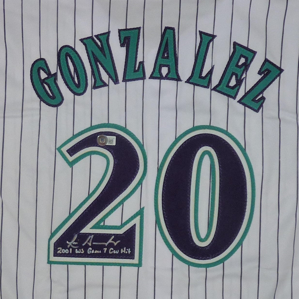 Luis Gonzalez Autographed Arizona (Pinstripe #20) Jersey with "2001 WS G7 GW Hit" -BAS Witnessed