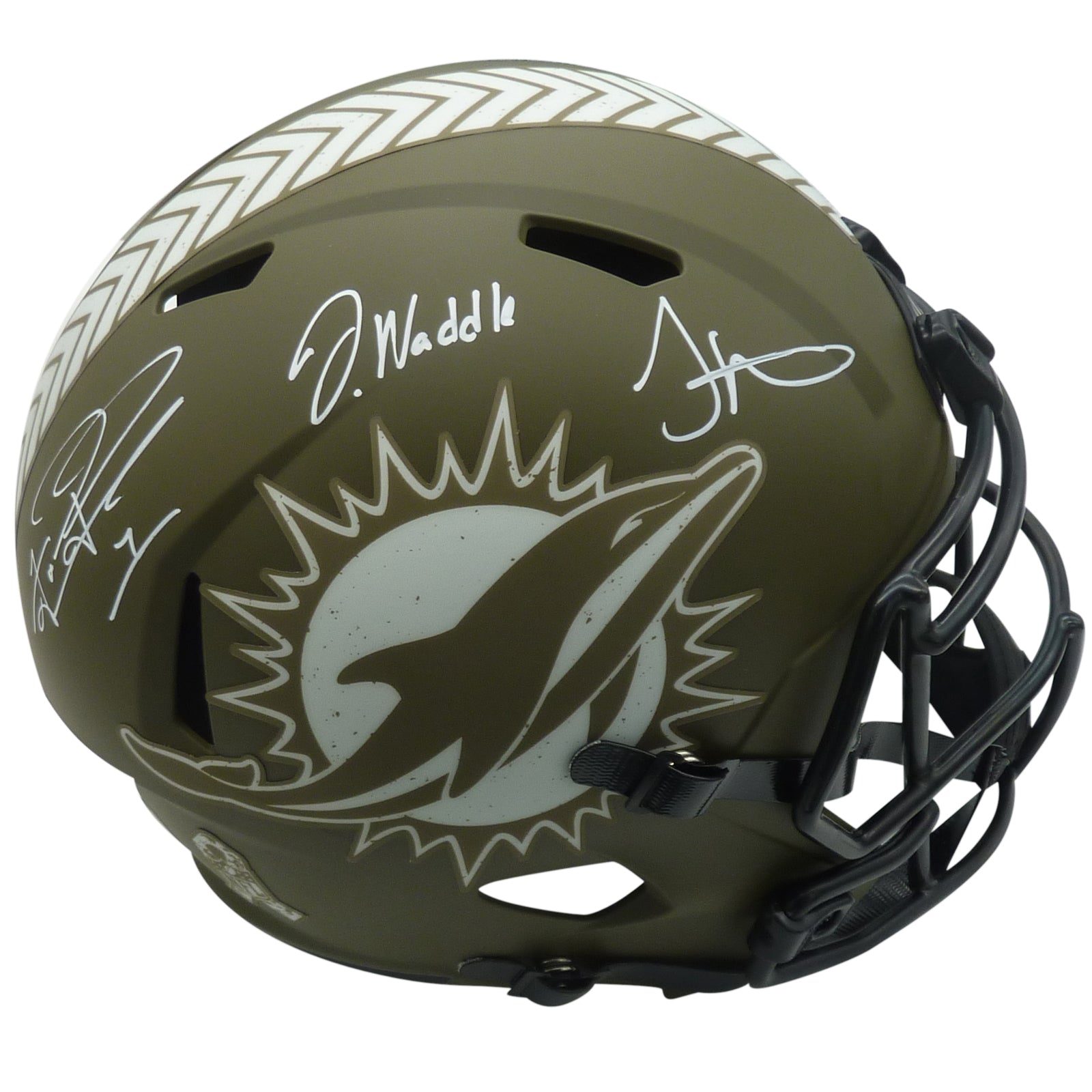 Tua Tagovailoa, Jaylen Waddle & Tyreek Hill Signed Salute to Solders Full-Size Miami Dolphins Helmet 