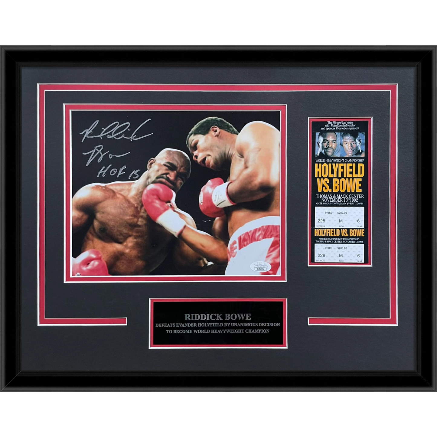 Riddick Bowe Autographed Boxing (vs Evander Holyfield) Deluxe Framed 8x10 Photo with Replica Fight Ticket - JSA