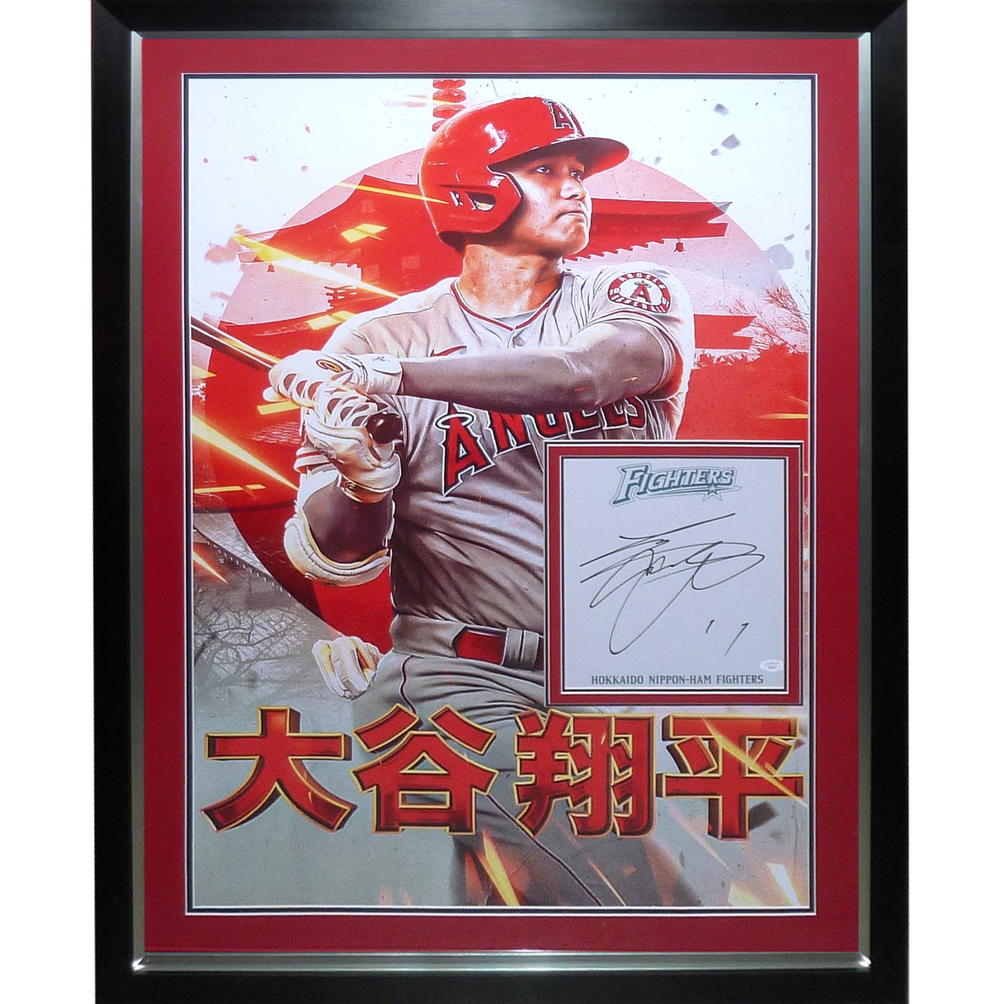 Shohei Ohtani Autographed Hokkaido Fighters Shikishi Board Deluxe Framed with Los Angeles Angels Kanji Art Poster - JSA LOA