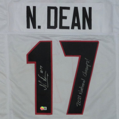 Nakobe Dean Autographed Georgia Bulldogs (White #17) Custom Jersey w/ "National Champs" - Beckett