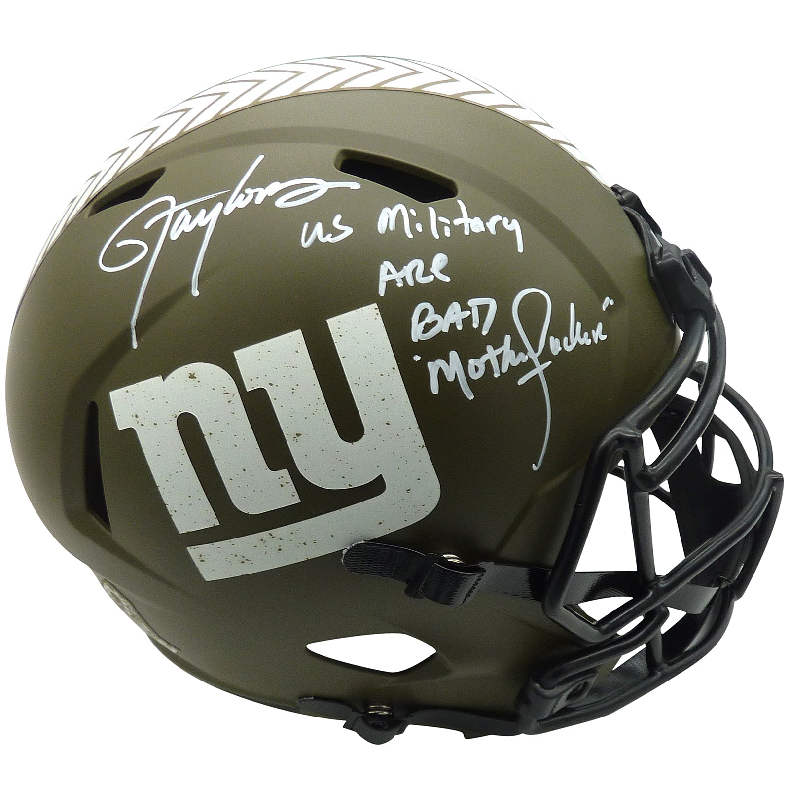 Lawrence Taylor Autographed New York Giants (SALUTE TO SERVICE) Deluxe Full-Size Replica Helmet w/ Military inscr - BAS
