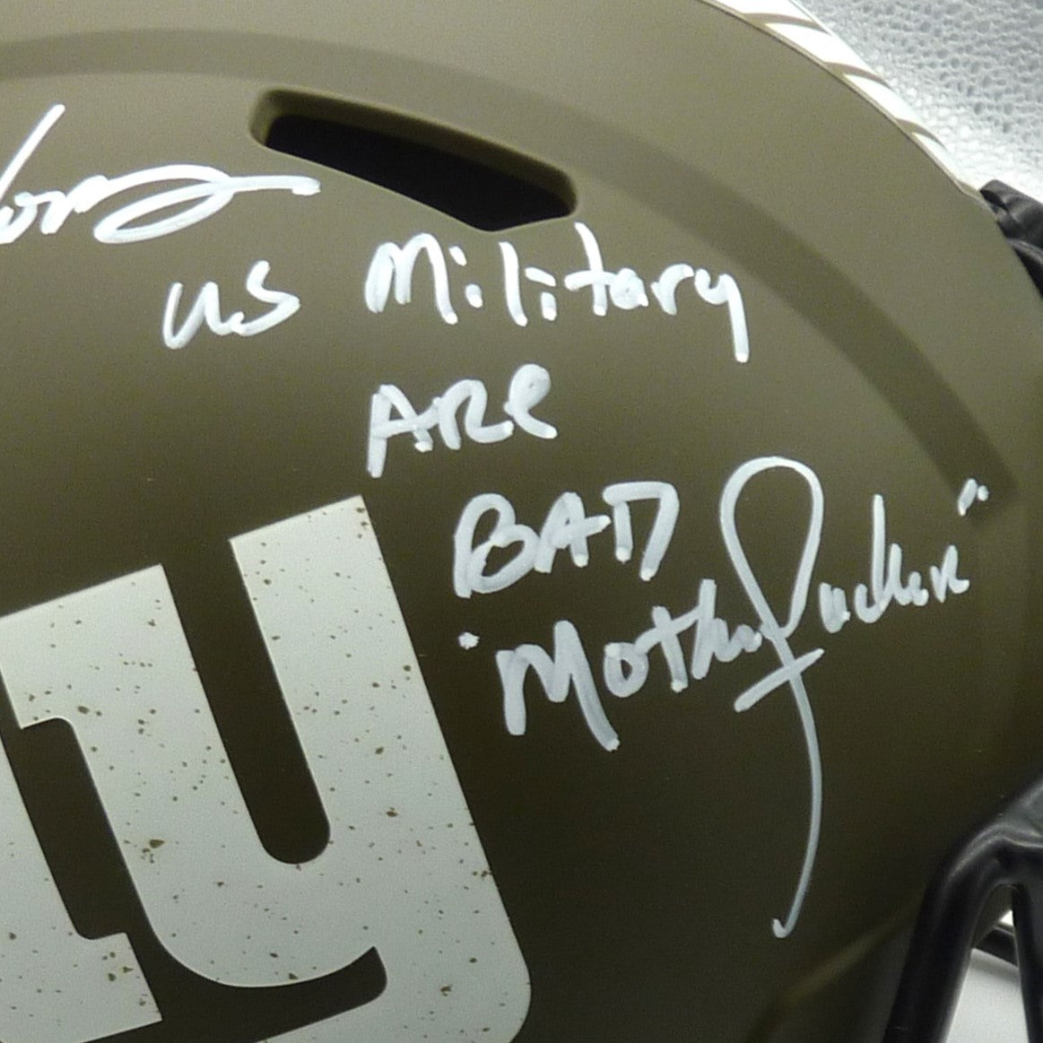 Lawrence Taylor Autographed New York Giants (SALUTE TO SERVICE) Deluxe Full-Size Replica Helmet w/ Military inscr - BAS