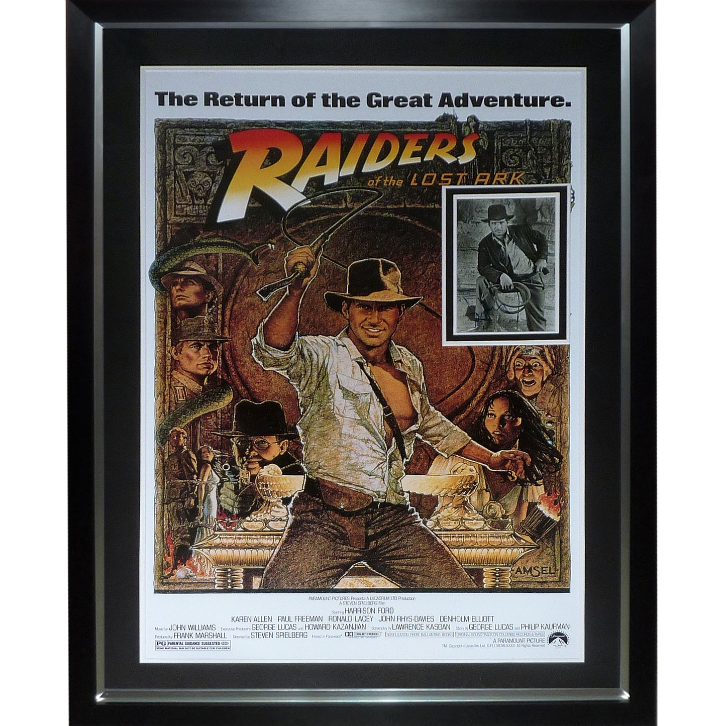 Raiders of the Lost Ark Indiana Jones Full-Size Movie Poster Deluxe Framed with Harrison Ford Autograph - JSA
