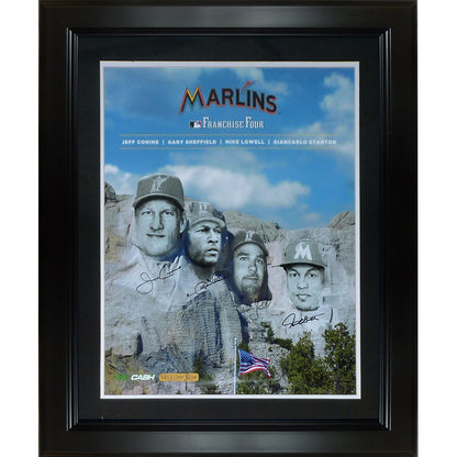 Giancarlo Stanton, Jeff Conine, Gary Sheffield And Mike Lowell Autographed Miami Marlins Franchise Four Deluxe Framed 18"x22" Poster