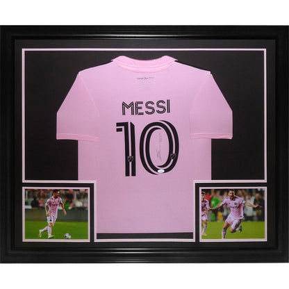 Lionel Messi Autographed Inter Miami CF (22-23 Home Pink #10) Deluxe Framed Soccer Jersey - JSA