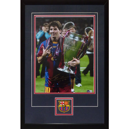 Lionel Messi Autographed Fc Barcelona (Uefa Trophy) Deluxe Framed 12x16 Photo - Beckett