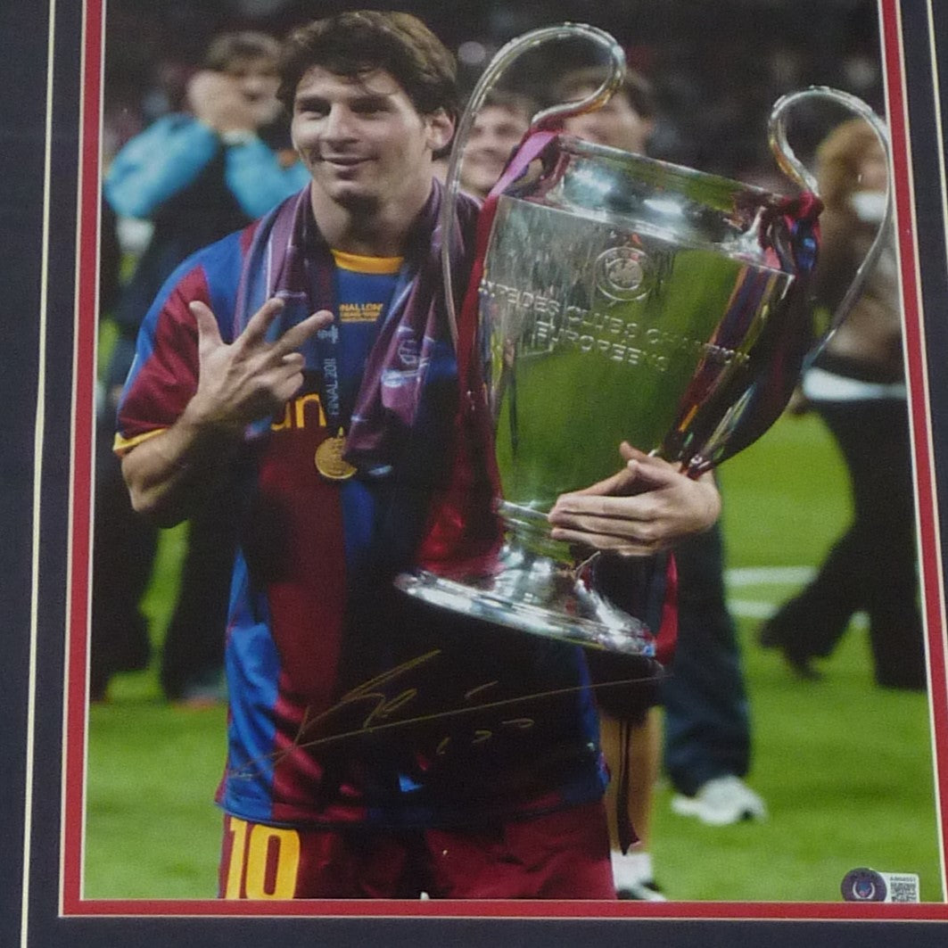 Lionel Messi Autographed Fc Barcelona (Uefa Trophy) Deluxe Framed 12x16 Photo - Beckett