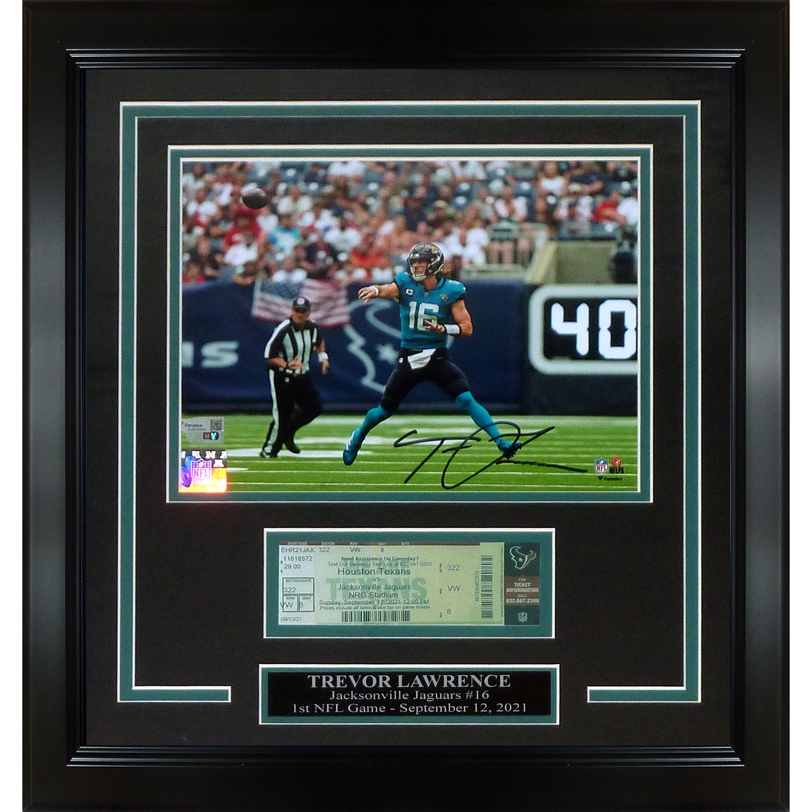 Trevor Lawrence Autographed Jacksonville Jaguars Deluxe Framed 8x10 Photo with 1st Game Replica Ticket - Fanatics