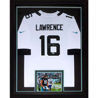 Trevor Lawrence Autographed Jacksonville Jaguars (White #16) Nike Deluxe Framed Jersey - Fanatics
