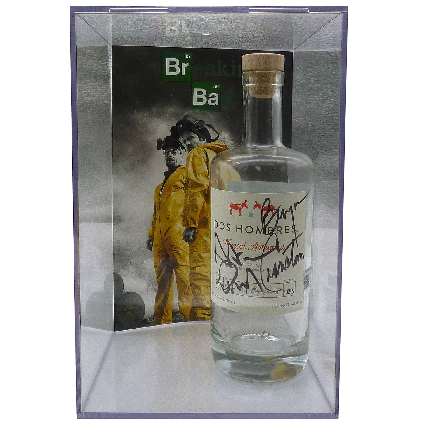 Bryan Cranston And Aaron Paul Autographed Dos Hombres Mezcal Tequila Bottle (Empty) in Display Case - JSA