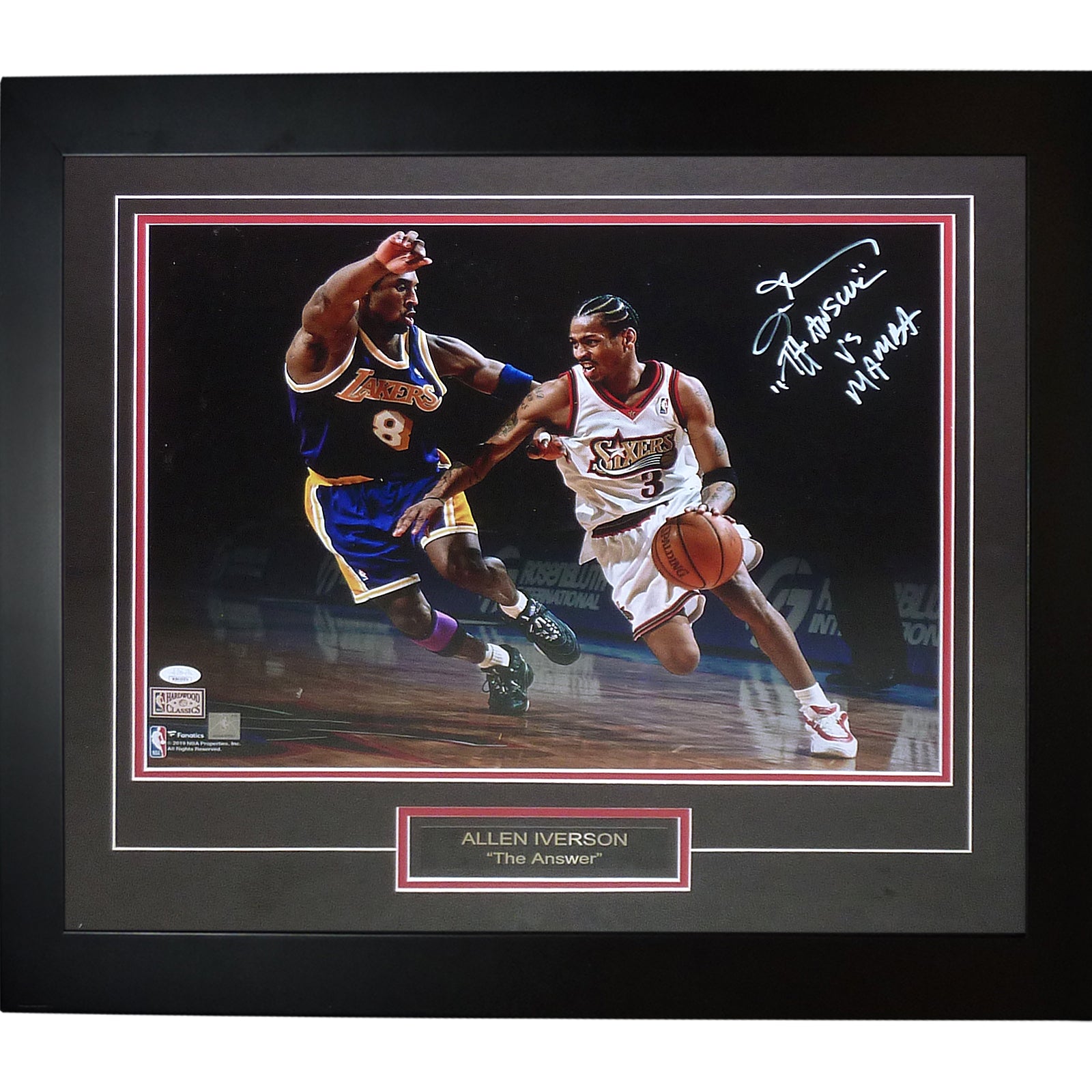 Allen Iverson Autographed Philadelphia 76ers (vs Kobe Bryant) Deluxe Framed 16x20 Photo w/ The Answer vs Mamba - Beckett
