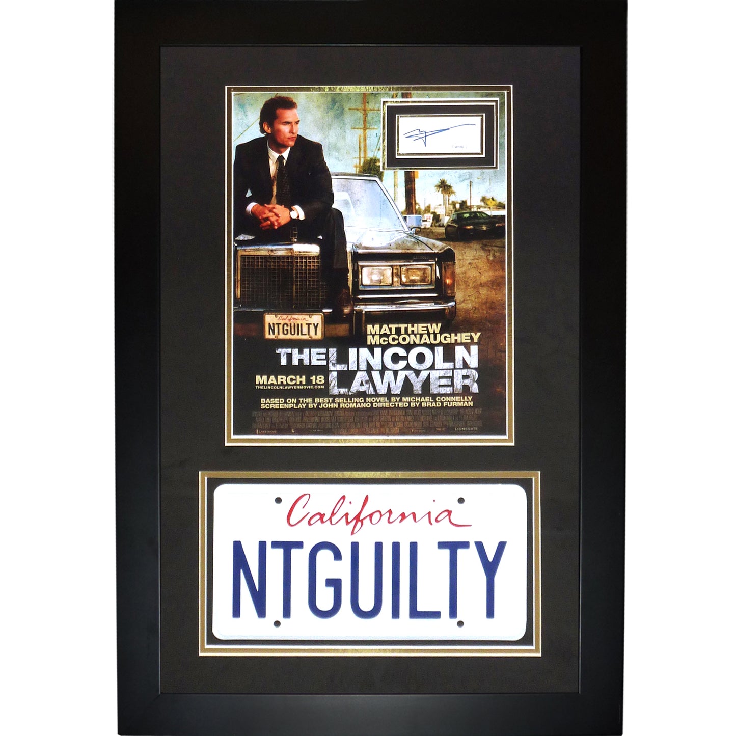Matthew McConaughey Autographed Lincoln Lawyer Deluxe Framed Piece with 11x17 Movie Poster and NTGUILTY License Plate - JSA