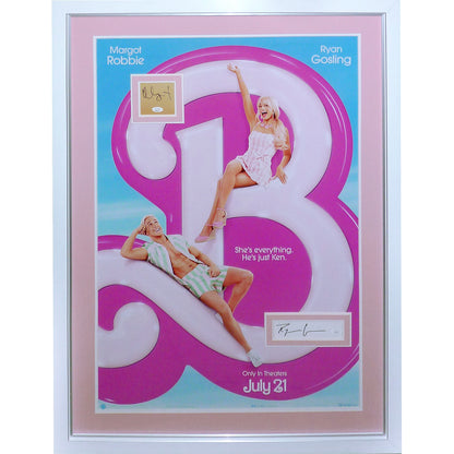 Barbie Full-Size Movie Poster Deluxe Framed with Margot Robbie and Ryan Gosling Autographs - JSA
