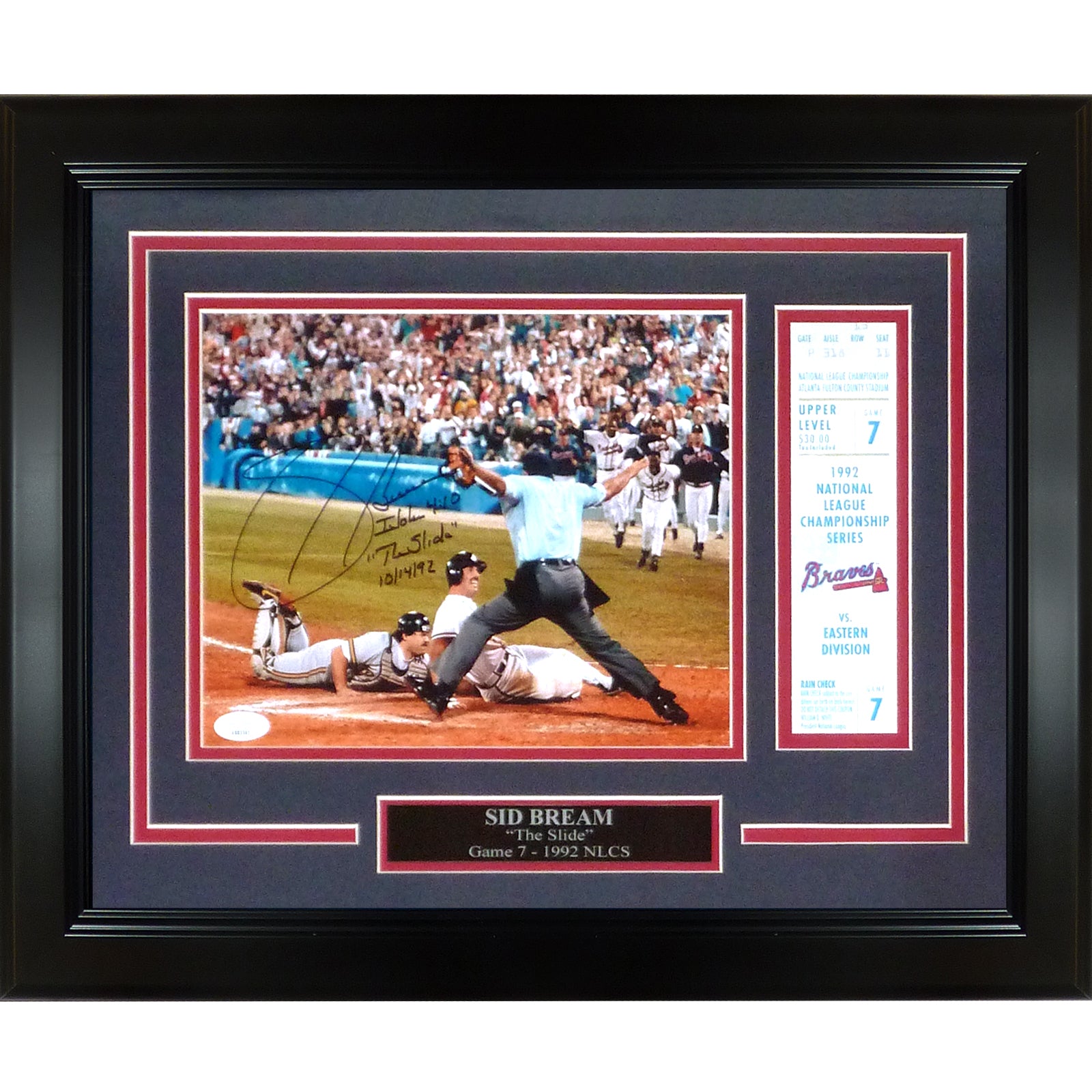 Sid Bream Autographed Atlanta Braves (NLCS Slide) Deluxe Framed 8x10 Photo with Replica Ticket Stub - JSA
