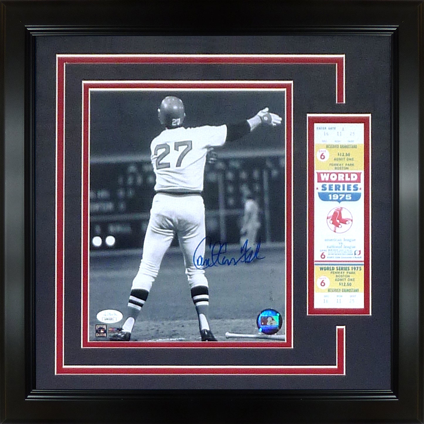 Carlton Fisk Autographed Boston Red Sox (1975 WS Home Run) Framed 8x10 Photo with Replica Ticket Stub - JSA