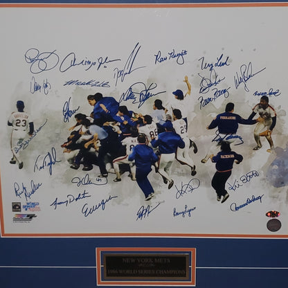 1986 New York Mets Team Autographed (World Series Champs - White Spotlight) Deluxe Framed 16x20 Photo - 25 Signatures