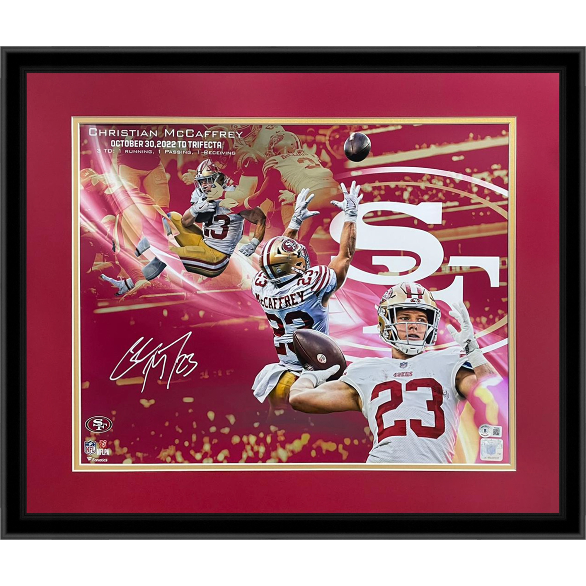 Christian McCaffrey Autographed San Francisco 49ers (Rushing Receiving Passing Touchdown Trifecta) Deluxe Framed 16x20 Photo - Beckett