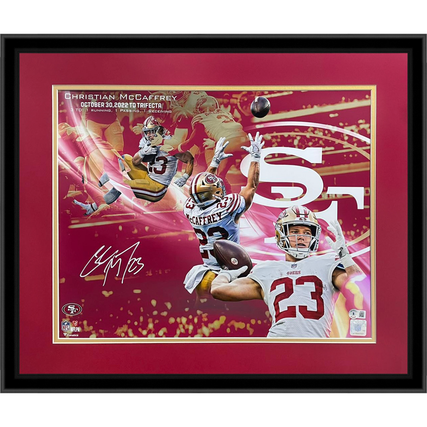 Christian McCaffrey Autographed San Francisco 49ers (Rushing Receiving Passing Touchdown Trifecta) Deluxe Framed 16x20 Photo - Beckett