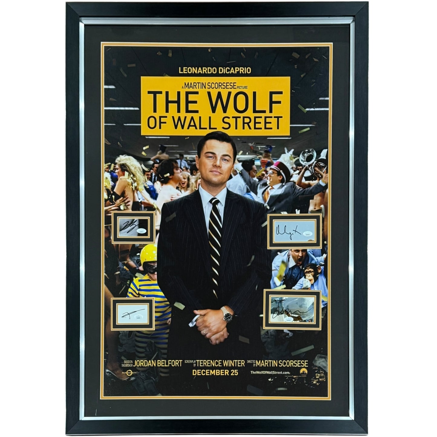 Wolf of Wall Street Full-Size Movie Poster Deluxe Framed with 4 Cast Autographs - JSA