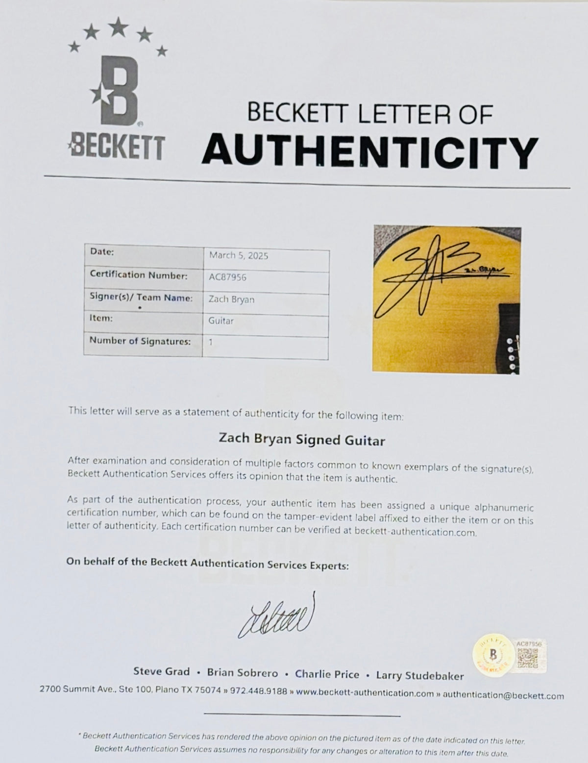Zach Bryan Autographed Natural Acoustic Guitar - Beckett