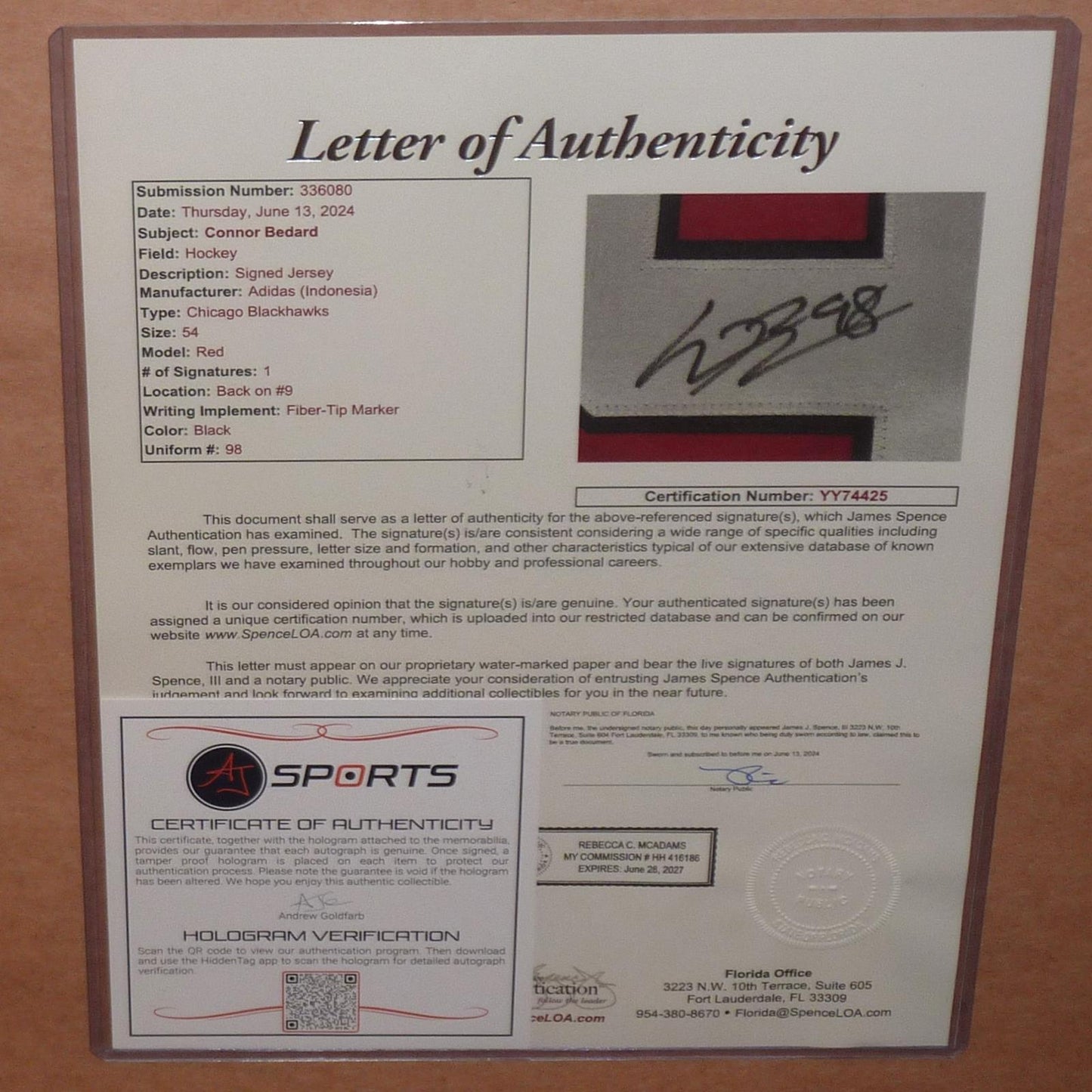 Connor Bedard Autographed Chicago Blackhawks (Red #98) Adidas Deluxe Framed Jersey - JSA LOA