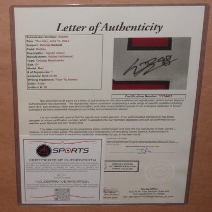 Connor Bedard Autographed Chicago Blackhawks (Red #98) Adidas Deluxe Framed Jersey - JSA LOA