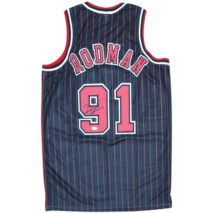 Dennis Rodman Autographed Chicago Bulls (Black Pinstripe #91) Custom Jersey - JSA