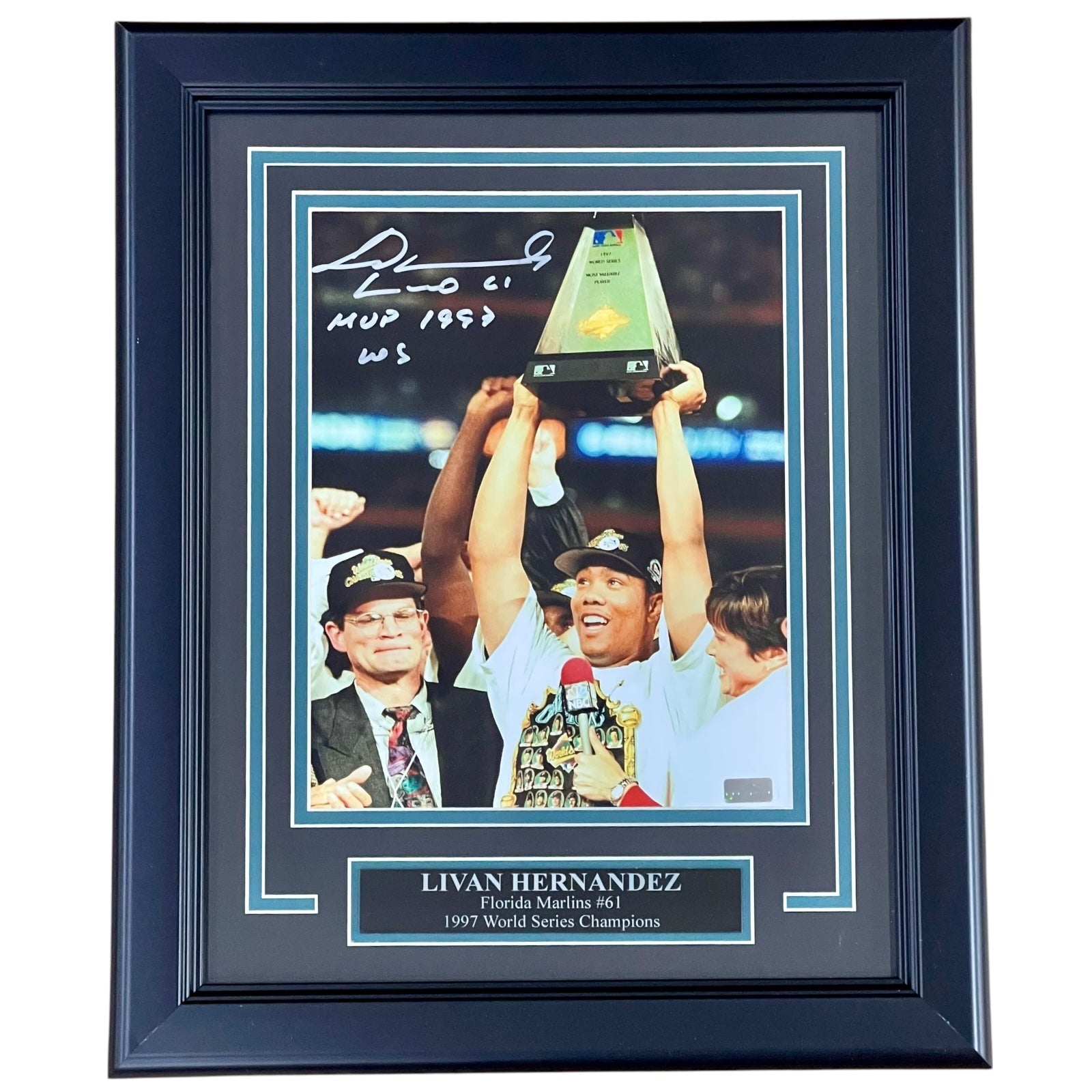 Livan Hernandez Autographed Florida Marlins (World Series Trophy) Deluxe Framed 8x10 Photo w/ 
