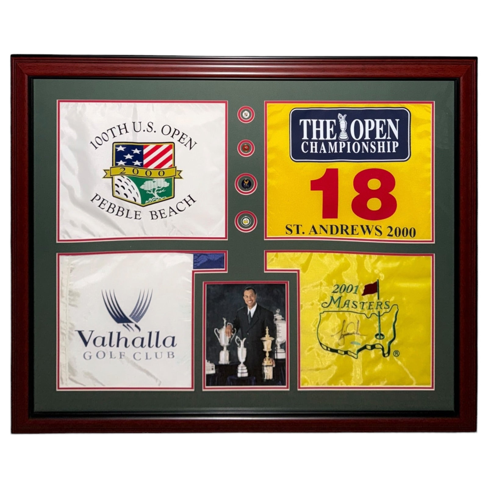 Tiger Woods Autographed Masters Flag Tiger Slam Deluxe Framed Piece - 2000 US Open, British Open, PGA Championship, 2001 Masters