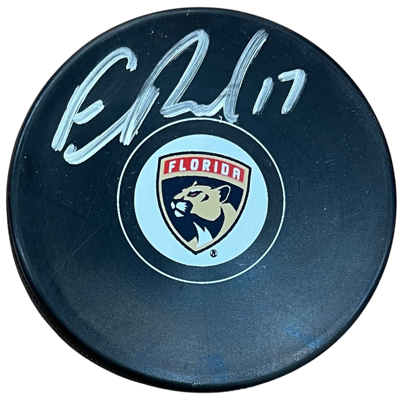 Evan Rodrigues Autographed Florida Panthers Logo Replica Hockey Puck - JSA