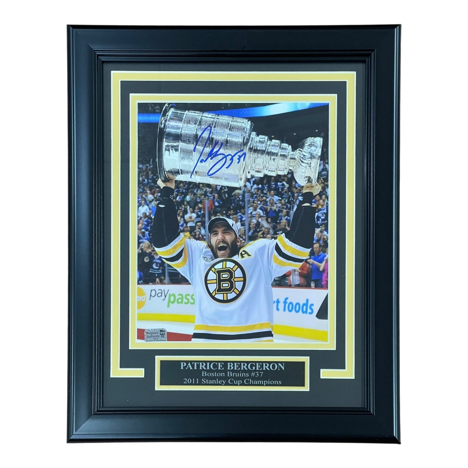 Patrice Bergeron Autographed Boston Bruins (Stanley Cup Trophy) Deluxe Framed 8x10 Photo - YSMS