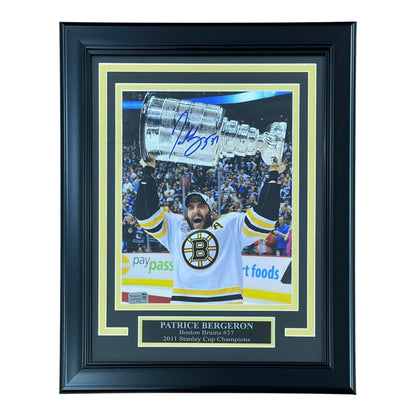 Patrice Bergeron Autographed Boston Bruins (Stanley Cup Trophy) Deluxe Framed 8x10 Photo - YSMS