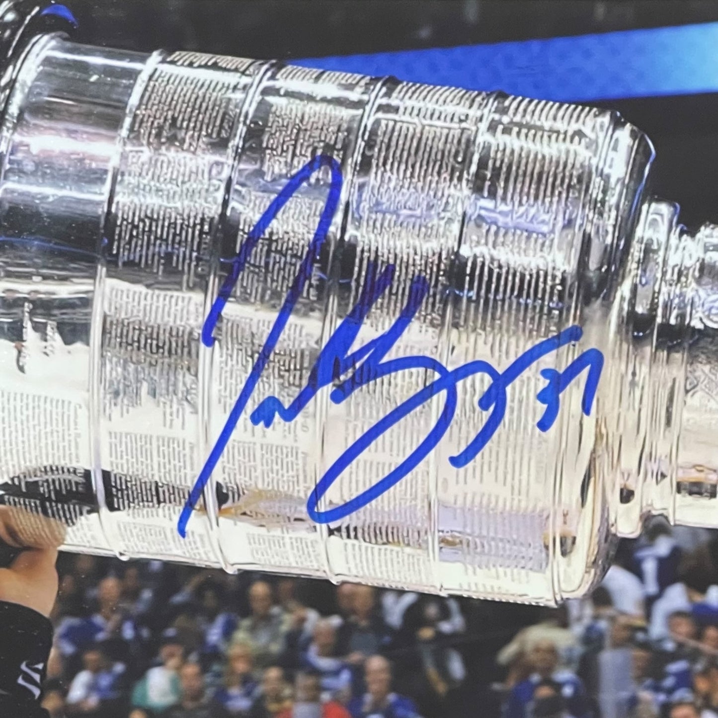 Patrice Bergeron Autographed Boston Bruins (Stanley Cup Trophy) Deluxe Framed 8x10 Photo - YSMS