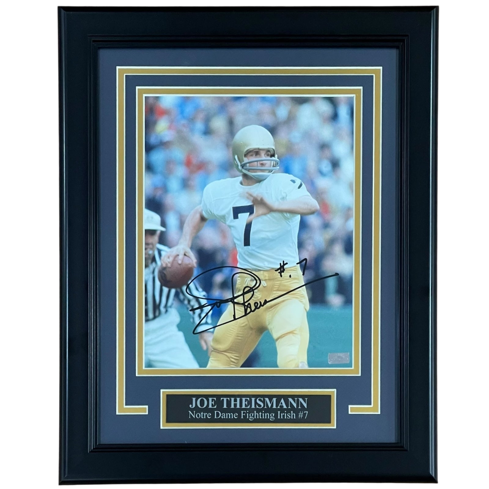 Joe Theismann Autographed Notre Dame Fighting Irish (White Jersey Vert) Deluxe Framed 8x10 Photo - Beckett