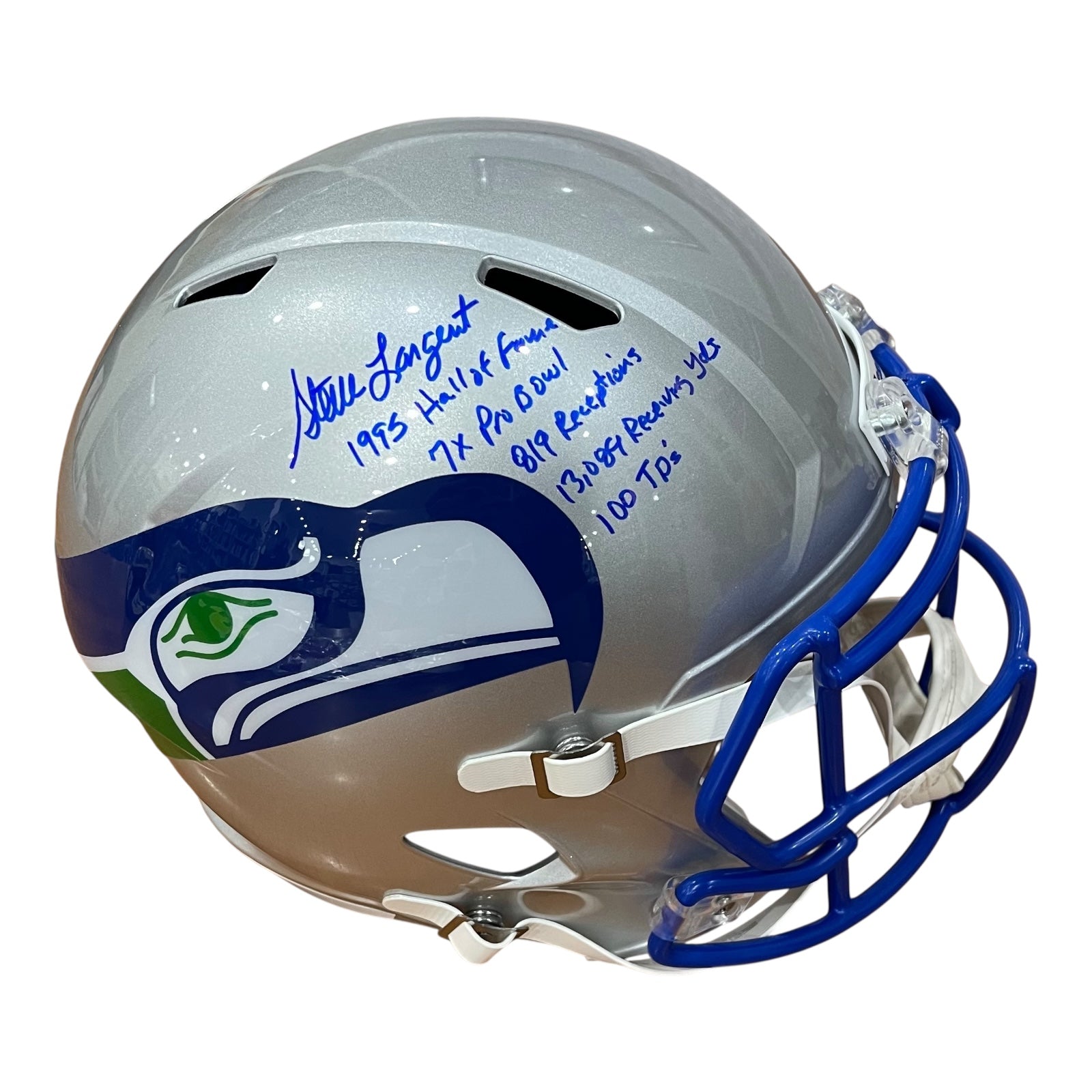 Steve Largent Autographed Seattle Seahawks (Throwback) Deluxe Full Size Replica Helmet w/ Multiple Stat Inscriptions